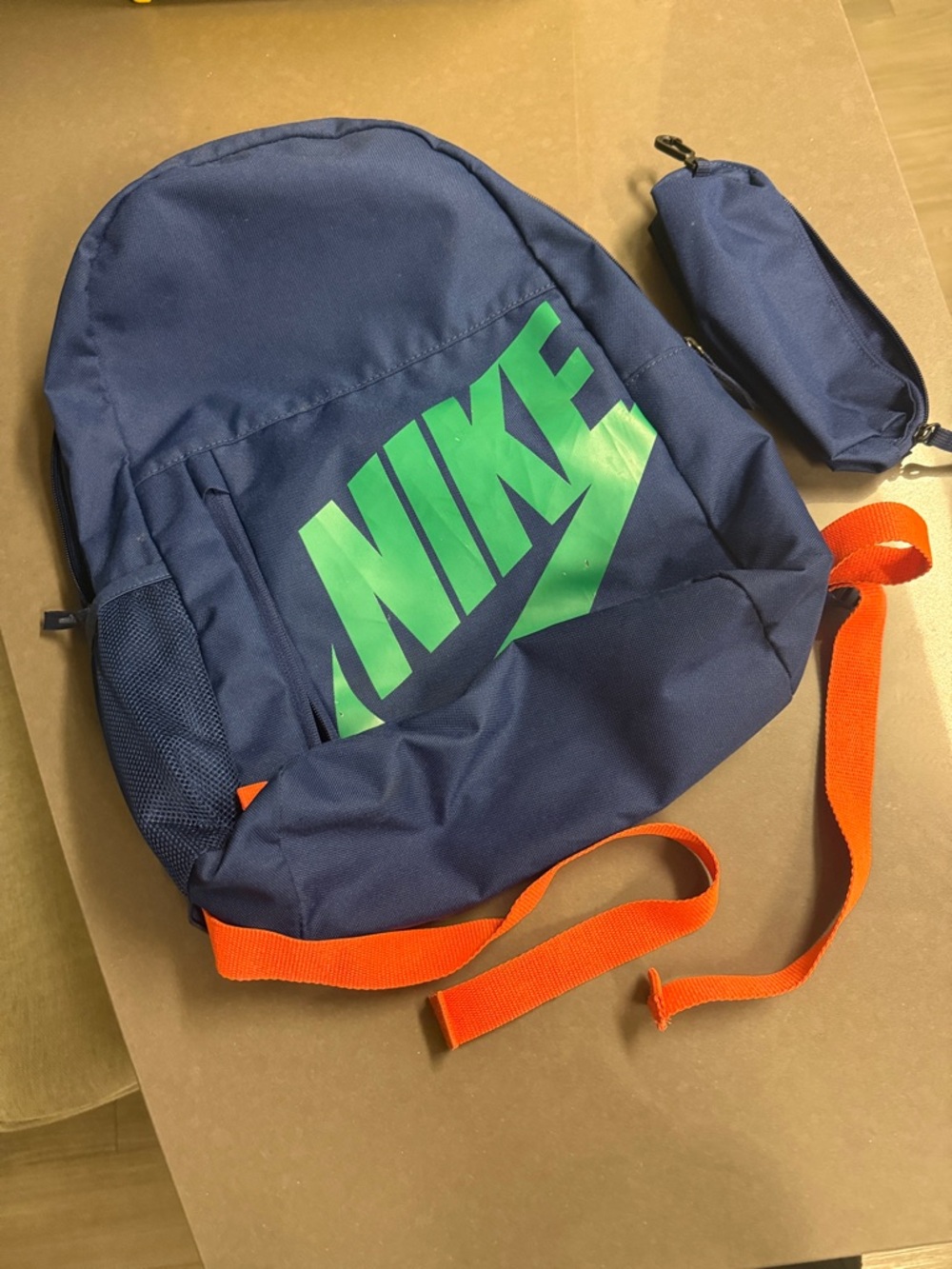 Nike Navy Backpack with Green Logo and Orange Straps and Pouch